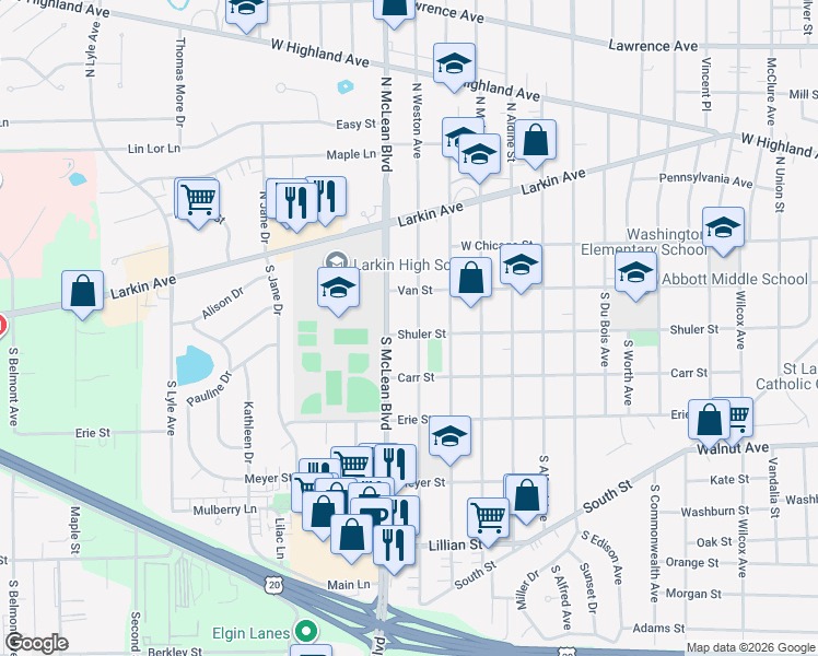 map of restaurants, bars, coffee shops, grocery stores, and more near 112 South Weston Avenue in Elgin