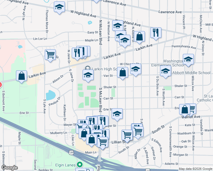 map of restaurants, bars, coffee shops, grocery stores, and more near 112 South Weston Avenue in Elgin