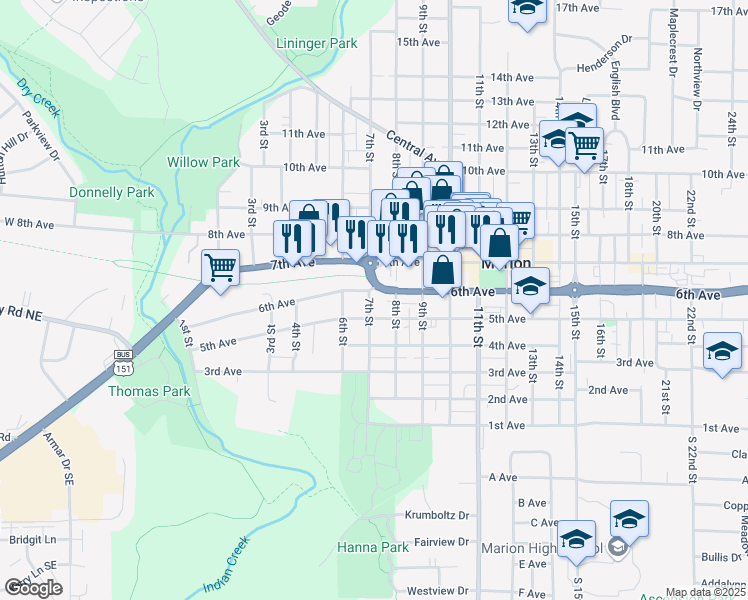 map of restaurants, bars, coffee shops, grocery stores, and more near 789 5th Avenue in Marion