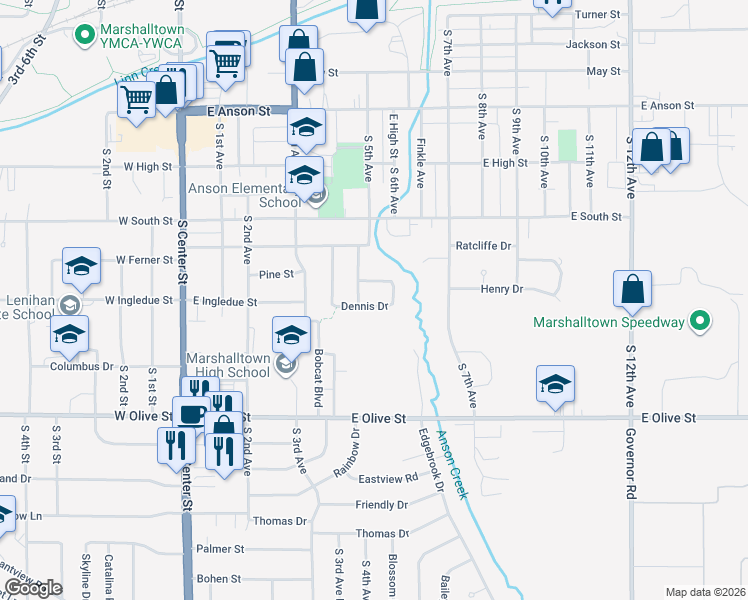 map of restaurants, bars, coffee shops, grocery stores, and more near 501-599 Dennis Drive in Marshalltown