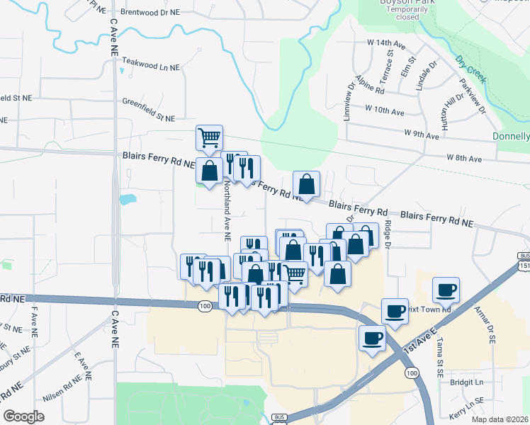 map of restaurants, bars, coffee shops, grocery stores, and more near 5309 North Park Place Northeast in Cedar Rapids