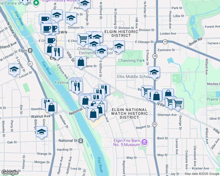 map of restaurants, bars, coffee shops, grocery stores, and more near 286 Villa Street in Elgin
