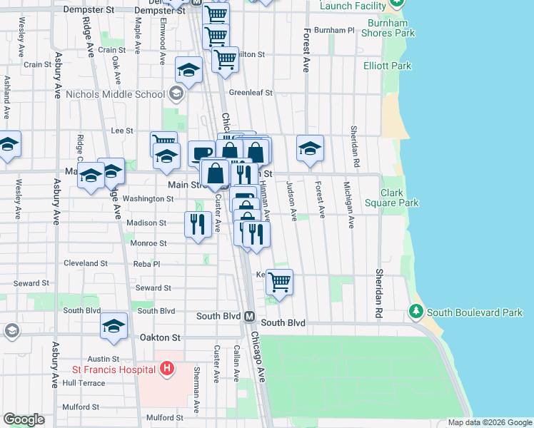 map of restaurants, bars, coffee shops, grocery stores, and more near Hinman Ave & Kedzie St in Evanston