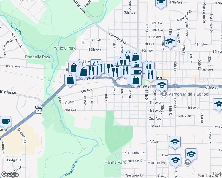map of restaurants, bars, coffee shops, grocery stores, and more near 635 5th Avenue in Marion