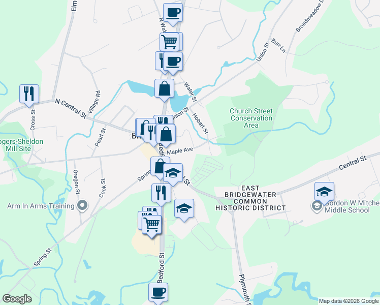 map of restaurants, bars, coffee shops, grocery stores, and more near 61 Maple Avenue in East Bridgewater