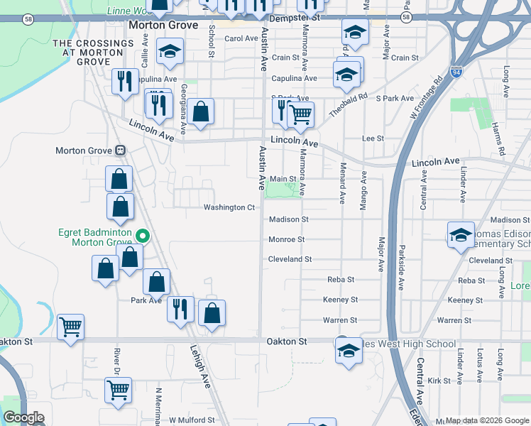 map of restaurants, bars, coffee shops, grocery stores, and more near 8220 Austin Avenue in Morton Grove