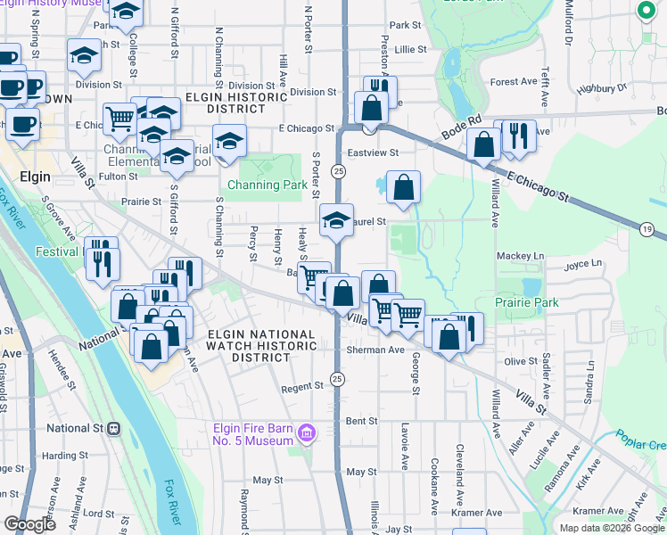 map of restaurants, bars, coffee shops, grocery stores, and more near 311 South Liberty Street in Elgin