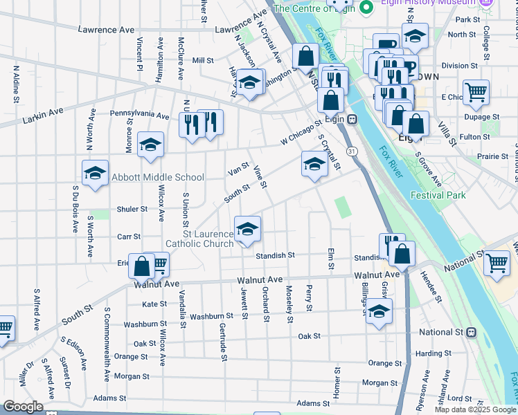 map of restaurants, bars, coffee shops, grocery stores, and more near 538 Locust Street in Elgin
