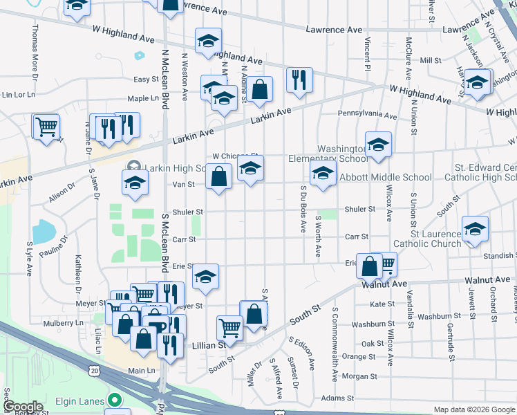 map of restaurants, bars, coffee shops, grocery stores, and more near 115 South Aldine Street in Elgin