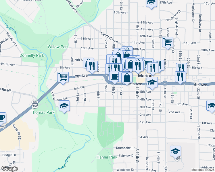 map of restaurants, bars, coffee shops, grocery stores, and more near 599 7th Street in Marion