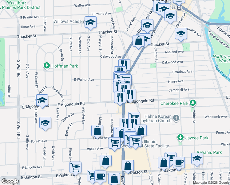 map of restaurants, bars, coffee shops, grocery stores, and more near 1195 Jeannette Street in Des Plaines
