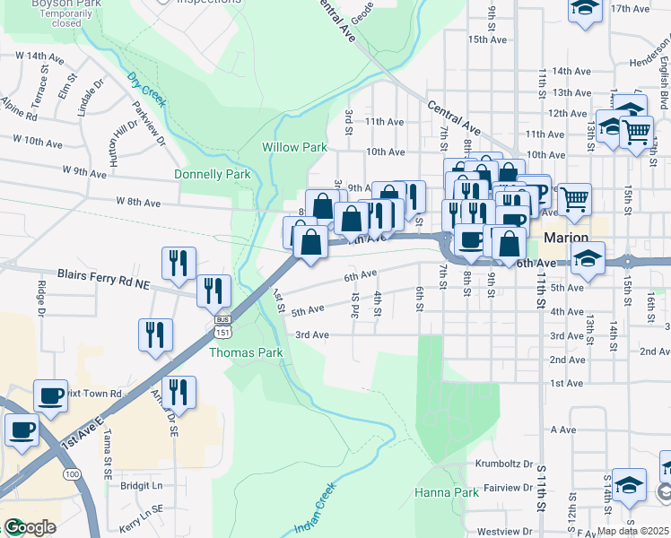 map of restaurants, bars, coffee shops, grocery stores, and more near 265 6th Avenue in Marion