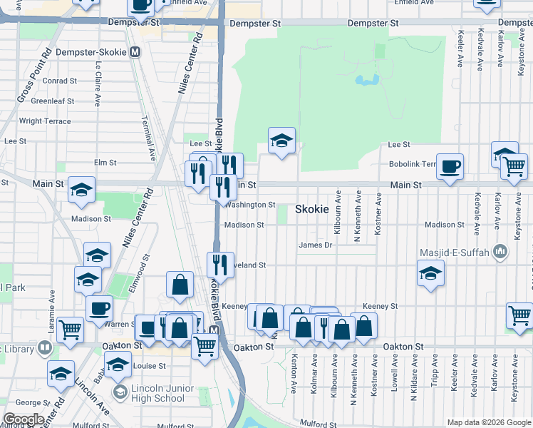 map of restaurants, bars, coffee shops, grocery stores, and more near 4633 Madison Street in Skokie