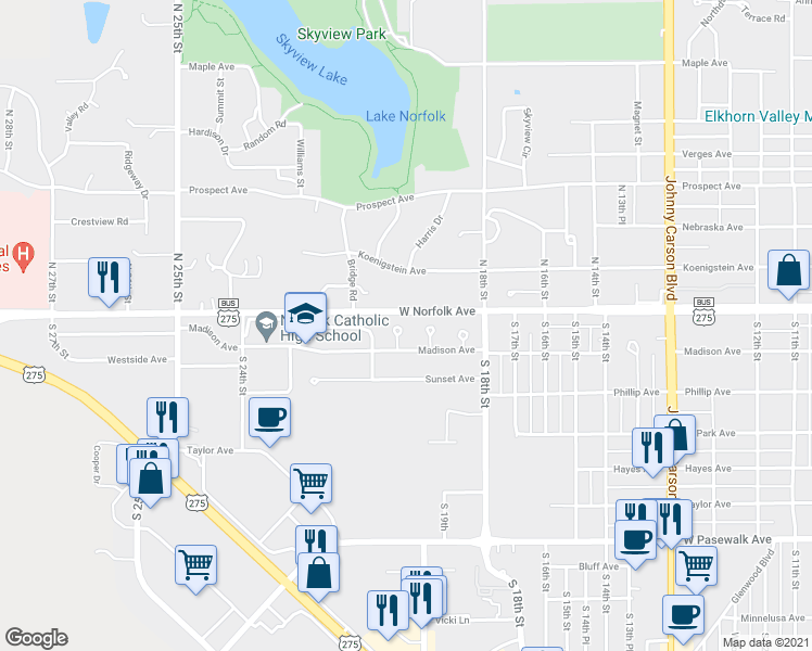 map of restaurants, bars, coffee shops, grocery stores, and more near 103 21st Drive in Norfolk