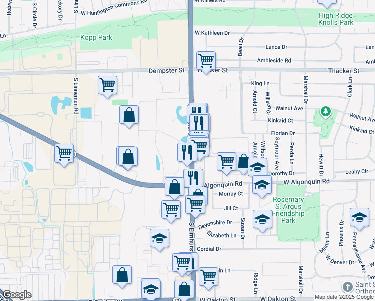 map of restaurants, bars, coffee shops, grocery stores, and more near 1185 Elmhurst Road in Des Plaines