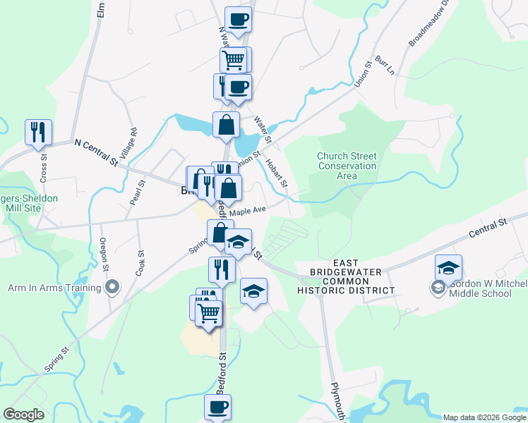 map of restaurants, bars, coffee shops, grocery stores, and more near 90 Central Street in East Bridgewater