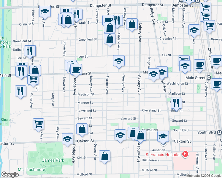 map of restaurants, bars, coffee shops, grocery stores, and more near 1530 Madison Street in Evanston
