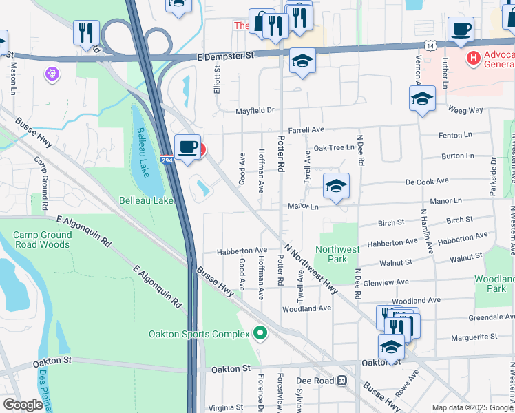 map of restaurants, bars, coffee shops, grocery stores, and more near 1327 North Northwest Highway in Park Ridge