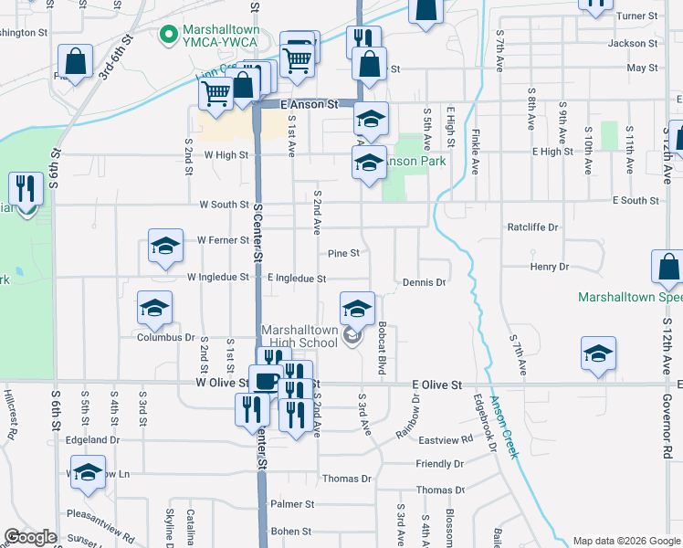 map of restaurants, bars, coffee shops, grocery stores, and more near 213 East Ingledue Street in Marshalltown
