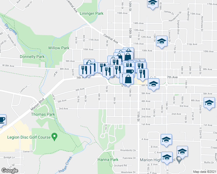 map of restaurants, bars, coffee shops, grocery stores, and more near 599 7th Street in Marion