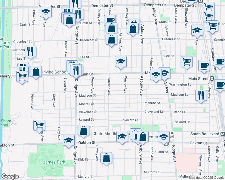 map of restaurants, bars, coffee shops, grocery stores, and more near 1530 Madison Street in Evanston