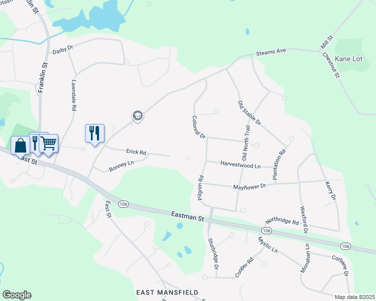 map of restaurants, bars, coffee shops, grocery stores, and more near 16 Erick Road in Mansfield