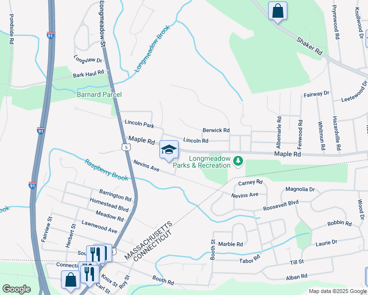 map of restaurants, bars, coffee shops, grocery stores, and more near 140 Maple Road in Longmeadow