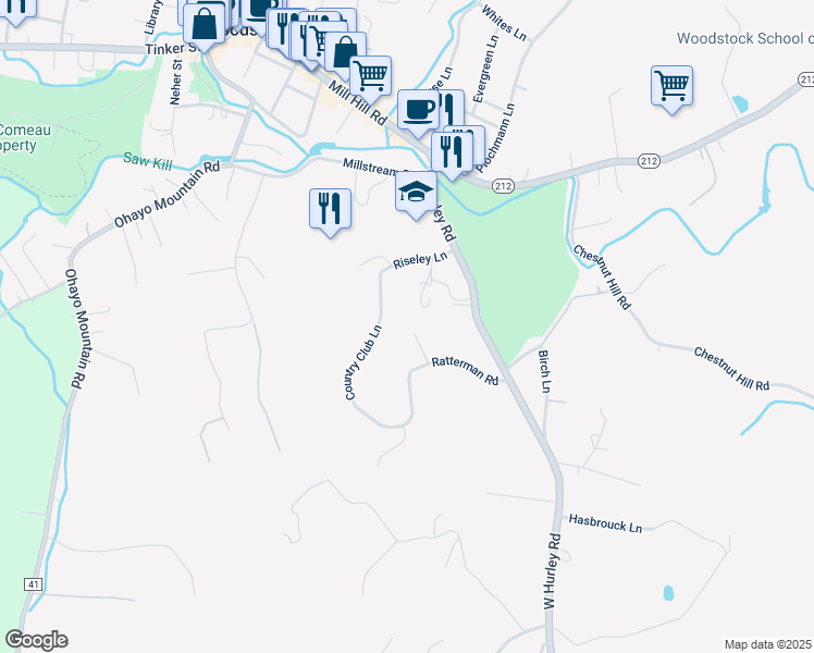 map of restaurants, bars, coffee shops, grocery stores, and more near 3 Briarwood Lane in Woodstock