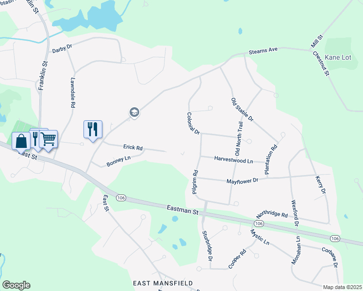 map of restaurants, bars, coffee shops, grocery stores, and more near 16 Erick Road in Mansfield