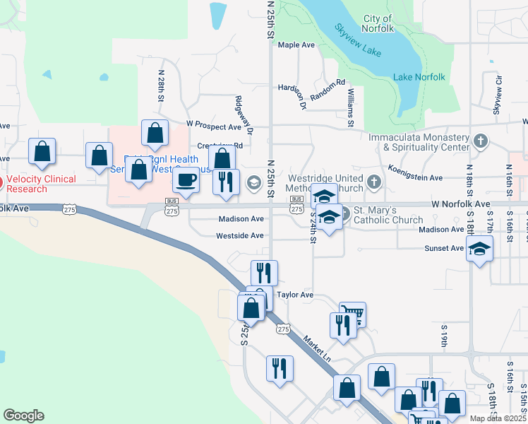map of restaurants, bars, coffee shops, grocery stores, and more near 147-199 S 25th St in Norfolk