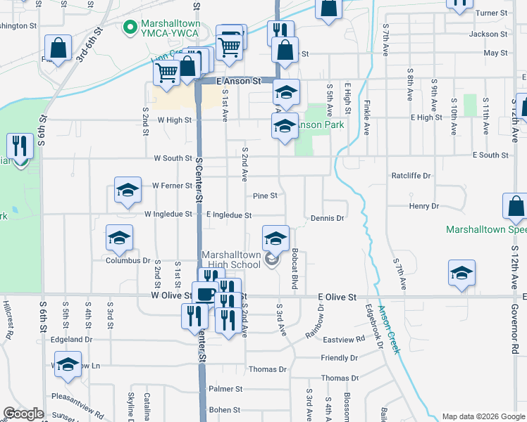 map of restaurants, bars, coffee shops, grocery stores, and more near 213 East Ingledue Street in Marshalltown