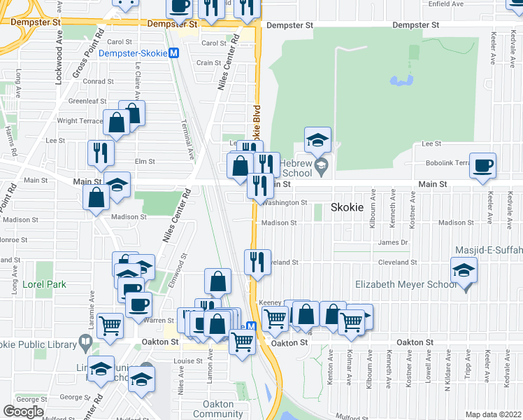 map of restaurants, bars, coffee shops, grocery stores, and more near 8329 Skokie Boulevard in Skokie