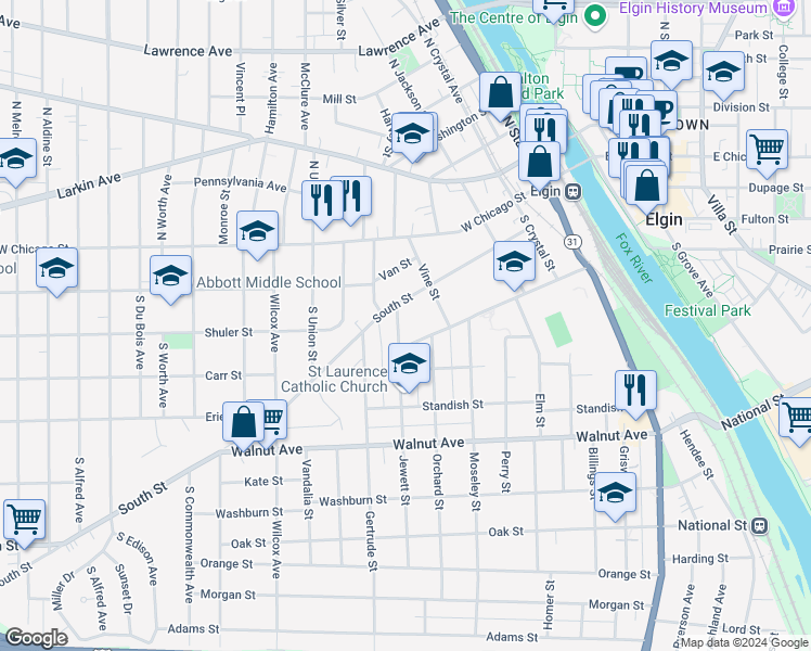 map of restaurants, bars, coffee shops, grocery stores, and more near 123 Jewett Street in Elgin