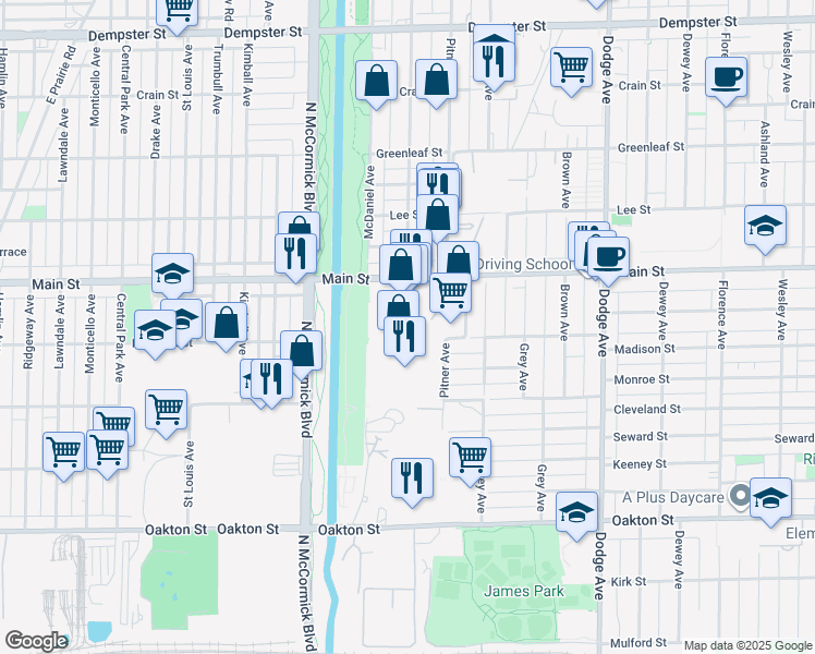 map of restaurants, bars, coffee shops, grocery stores, and more near 2360 Main St in Evanston