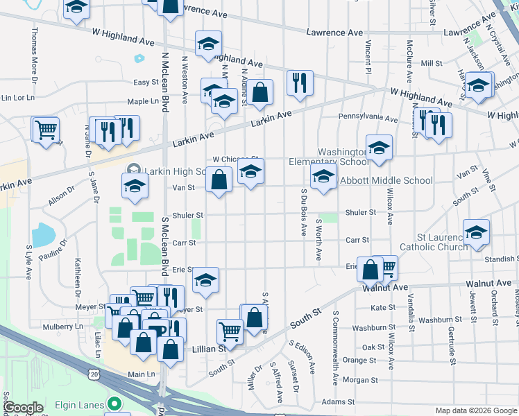 map of restaurants, bars, coffee shops, grocery stores, and more near 1121 Van Street in Elgin