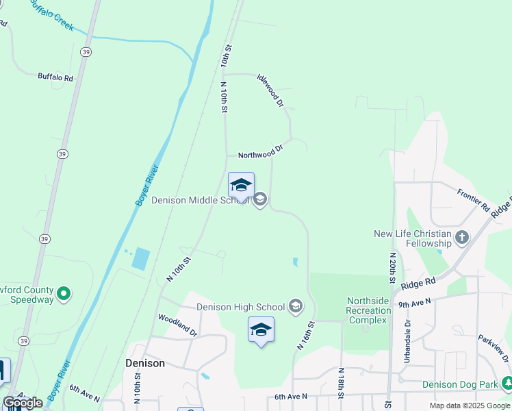 map of restaurants, bars, coffee shops, grocery stores, and more near 1201 North 16th Street in Denison