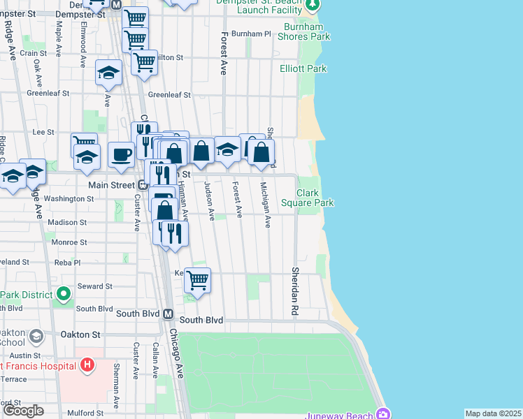 map of restaurants, bars, coffee shops, grocery stores, and more near 823 Michigan Avenue in Evanston