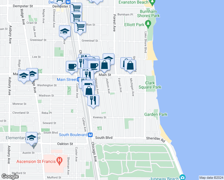 map of restaurants, bars, coffee shops, grocery stores, and more near 316 1/2 Main Street in Evanston