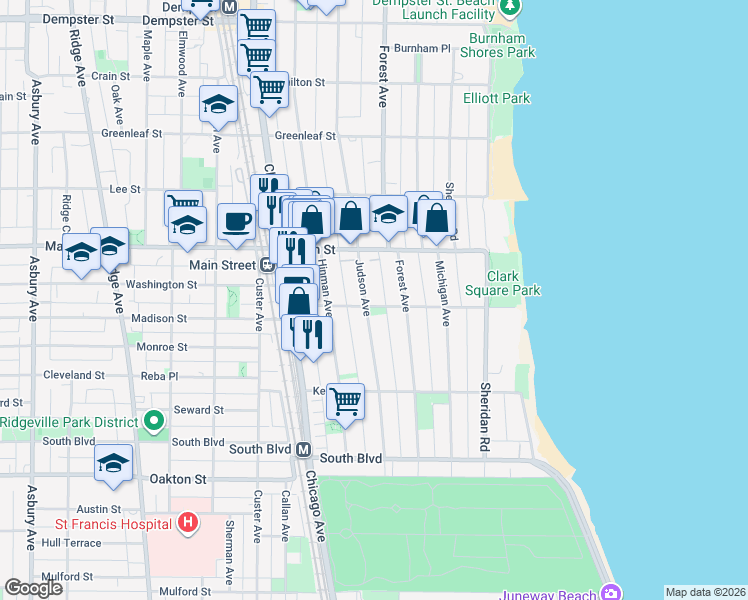 map of restaurants, bars, coffee shops, grocery stores, and more near 325 Kedzie Street in Evanston