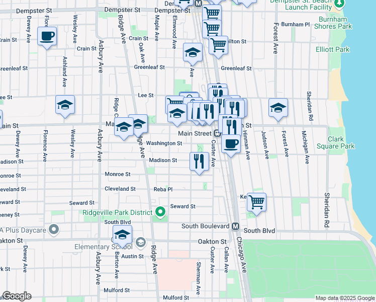 map of restaurants, bars, coffee shops, grocery stores, and more near 822 Sherman Avenue in Evanston