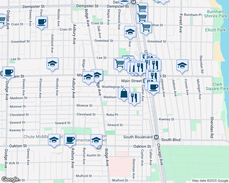 map of restaurants, bars, coffee shops, grocery stores, and more near 821 Elmwood Avenue in Evanston