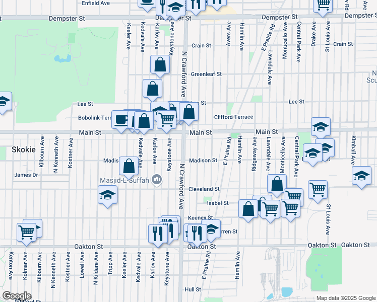 map of restaurants, bars, coffee shops, grocery stores, and more near 8343 Crawford Avenue in Skokie