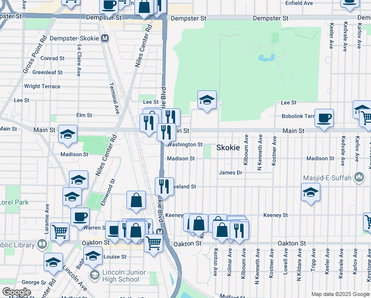 map of restaurants, bars, coffee shops, grocery stores, and more near 4716D Washington Street in Skokie