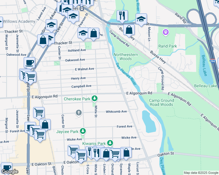 map of restaurants, bars, coffee shops, grocery stores, and more near 1708 Campbell Avenue in Des Plaines