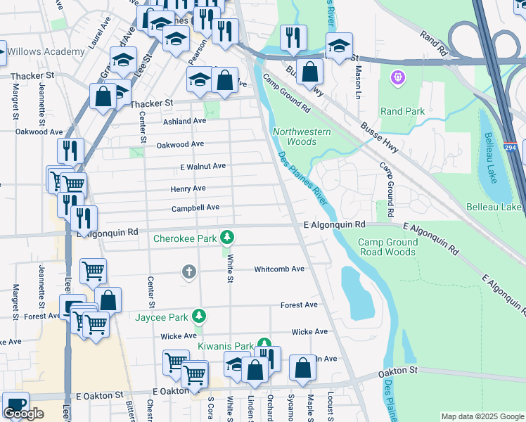 map of restaurants, bars, coffee shops, grocery stores, and more near 1708 Campbell Avenue in Des Plaines