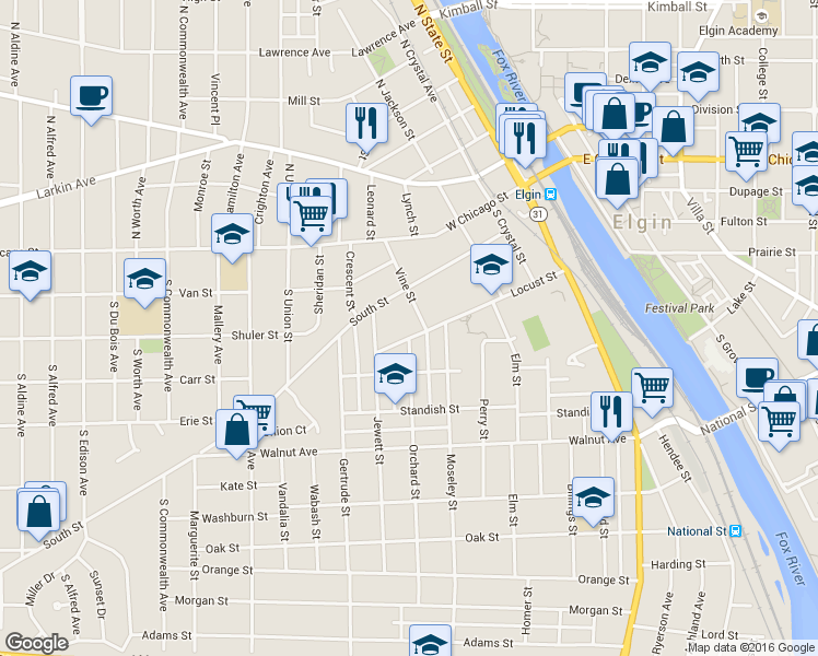 map of restaurants, bars, coffee shops, grocery stores, and more near 115 Vine Street in Elgin