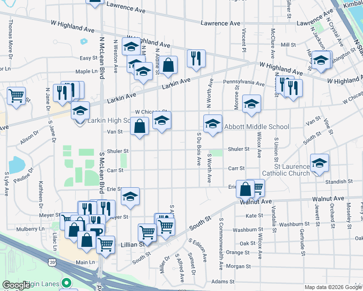 map of restaurants, bars, coffee shops, grocery stores, and more near 56 South Edison Avenue in Elgin