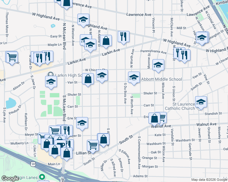 map of restaurants, bars, coffee shops, grocery stores, and more near 56 South Edison Avenue in Elgin