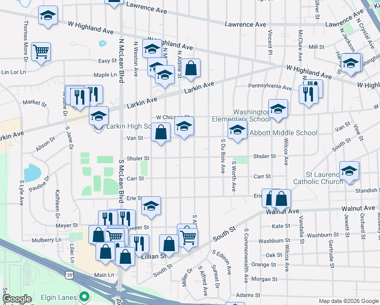 map of restaurants, bars, coffee shops, grocery stores, and more near 1121 Van Street in Elgin