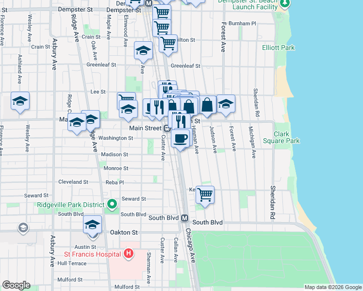 map of restaurants, bars, coffee shops, grocery stores, and more near 822 Hinman Avenue in Evanston